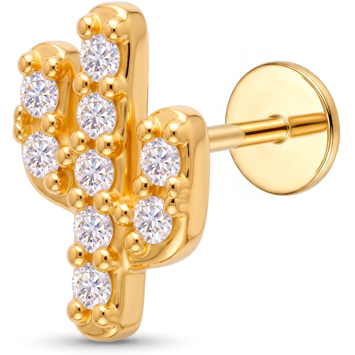 Solid 14k Yellow Gold Pave Cactus CZ 18G Flat Back Earring