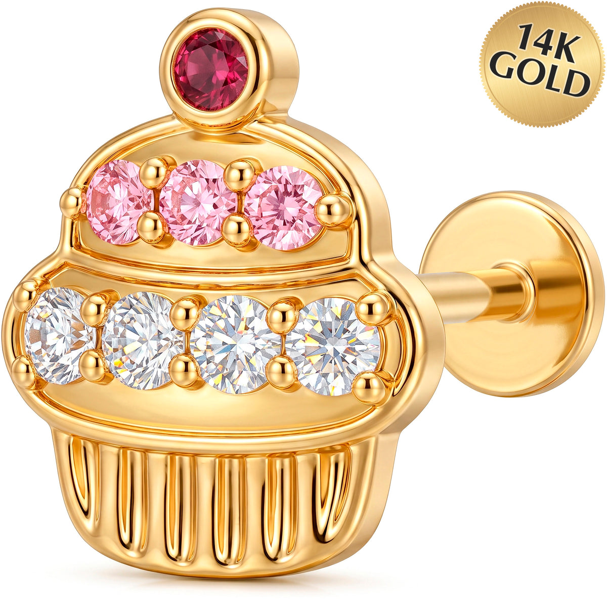 Solid 14k Yellow Gold Pink Cupcake Charm CZ 18G Flat Back Earring