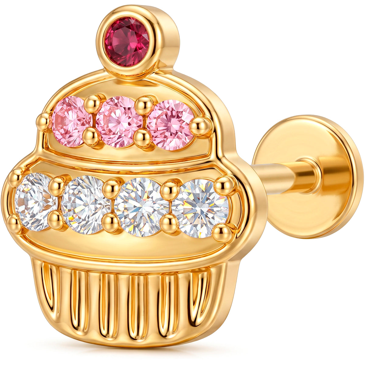Solid 14k Yellow Gold Pink Cupcake Charm CZ 18G Flat Back Earring
