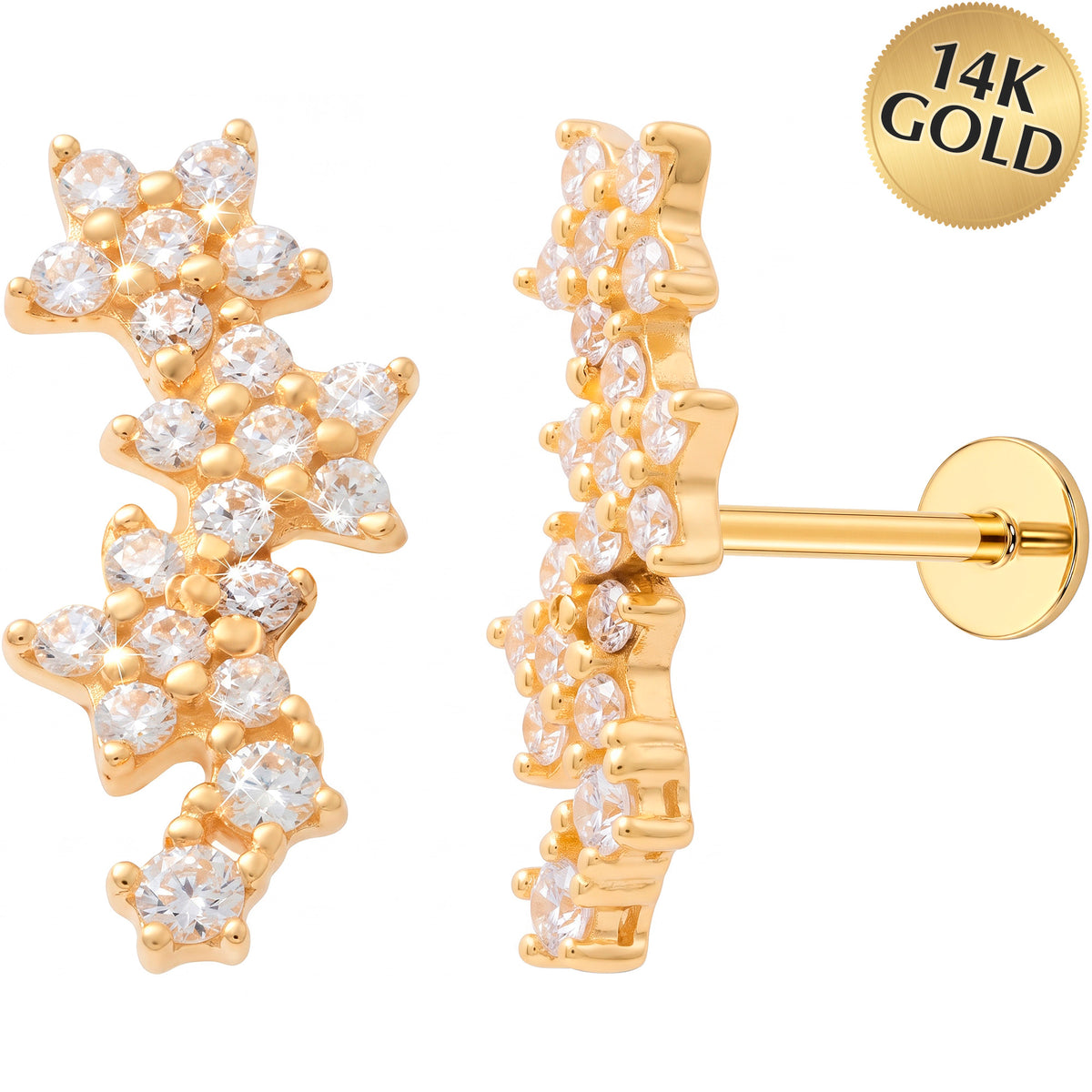 Solid 14k Yellow Gold Crystal Floral Vine CZ 18G Flat Back Earring