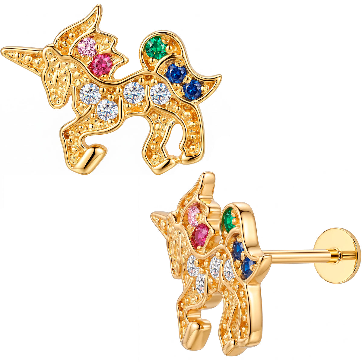 Solid 14k Yellow Gold Rainbow Unicorn CZ 18G Flat Back Earring