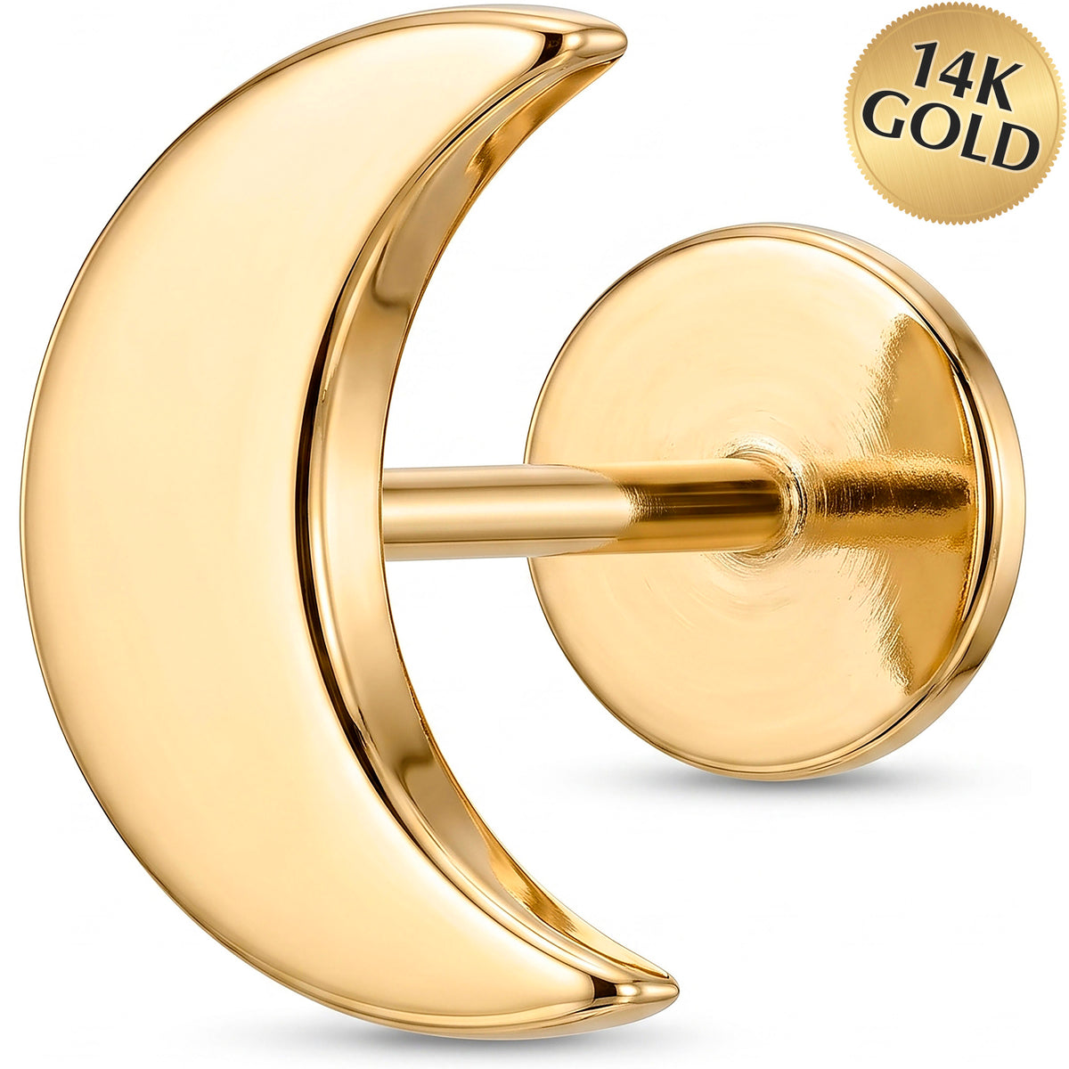 Solid 14k Yellow Gold Minimal Crescent Moon 18G Flat Back Earring