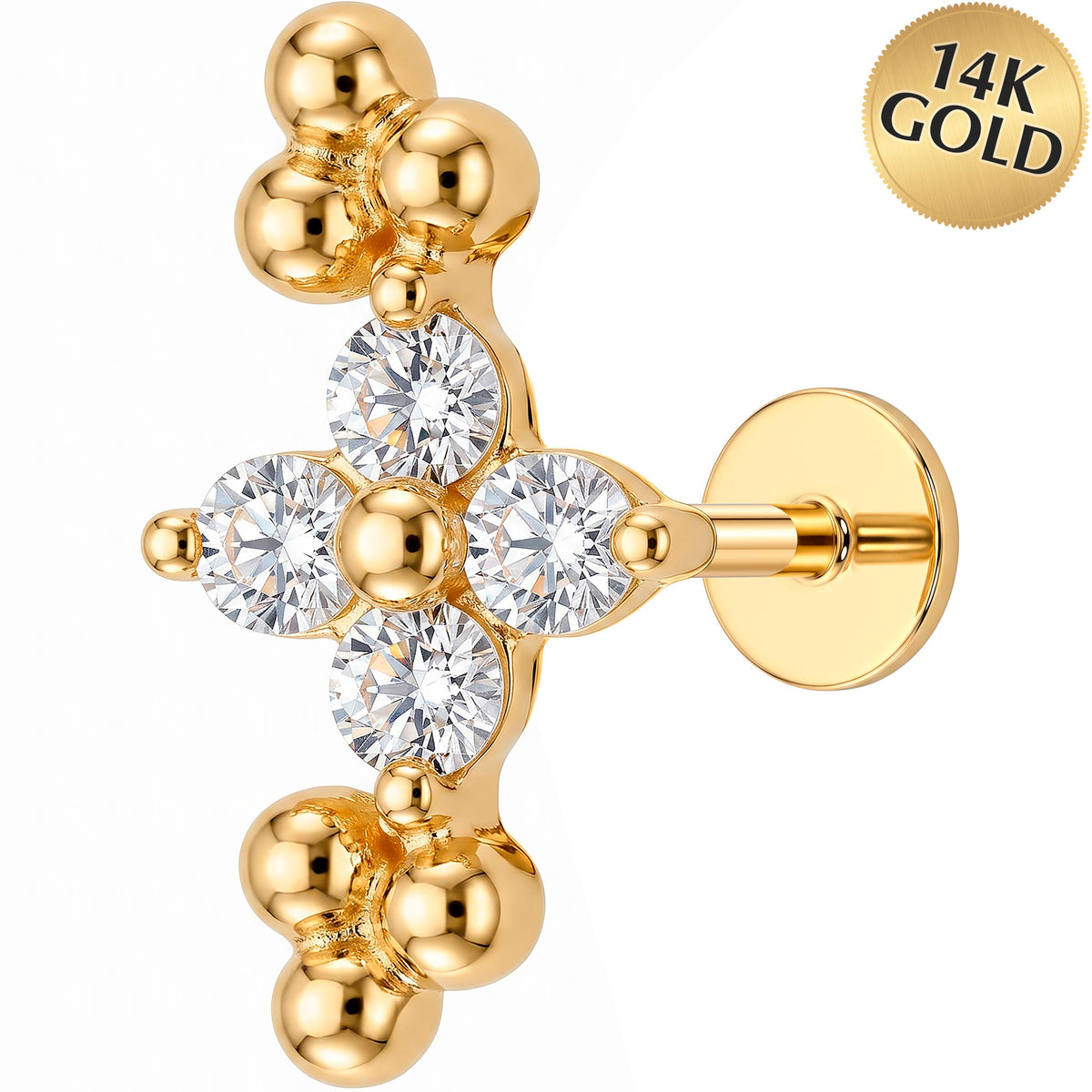 Solid 14k Yellow Gold Linked Crystal Chain CZ 18G Flat Back Earring