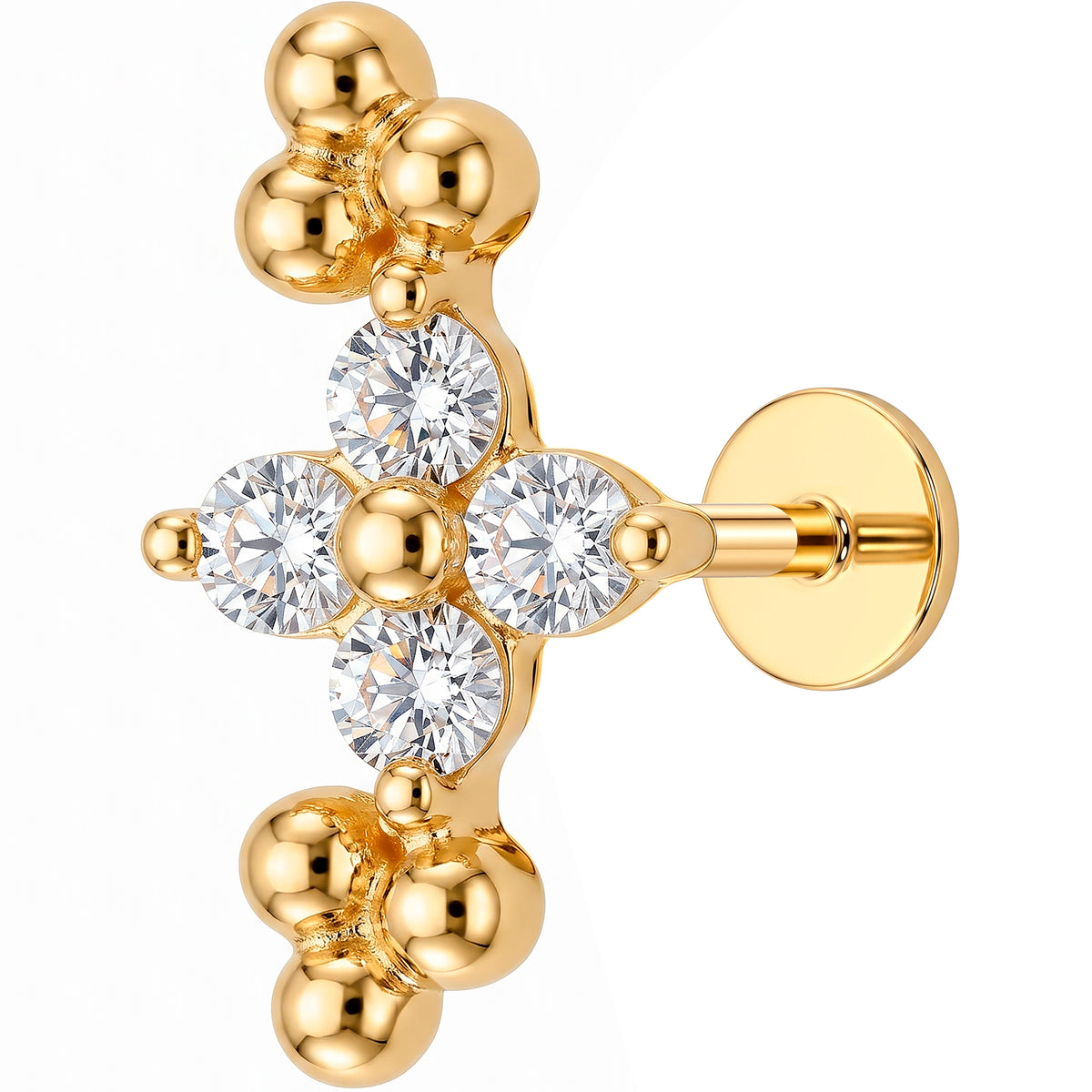 Solid 14k Yellow Gold Linked Crystal Chain CZ 18G Flat Back Earring