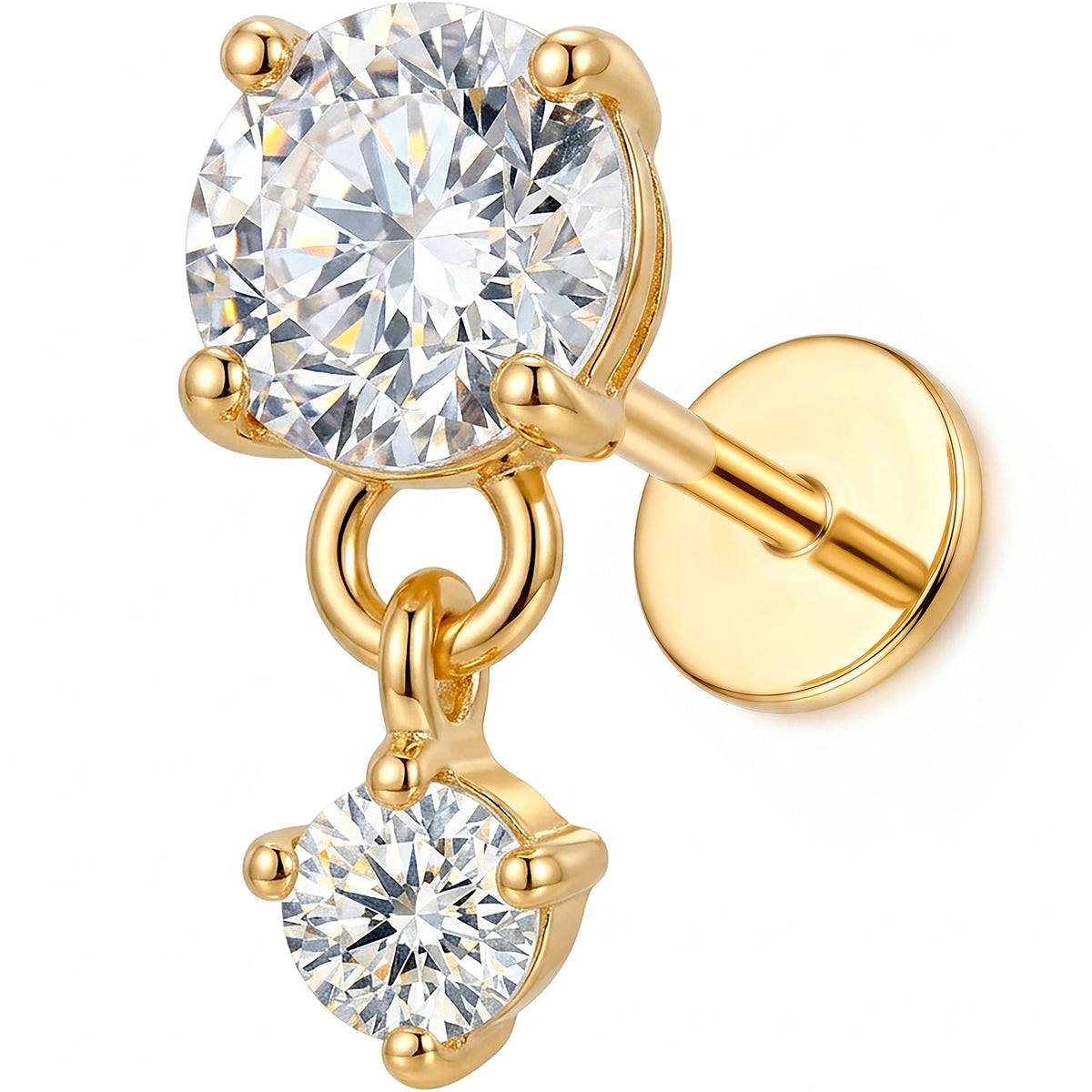 Solid 14k Yellow Gold Heart Drop Sparkle CZ 18G Flat Back Earring