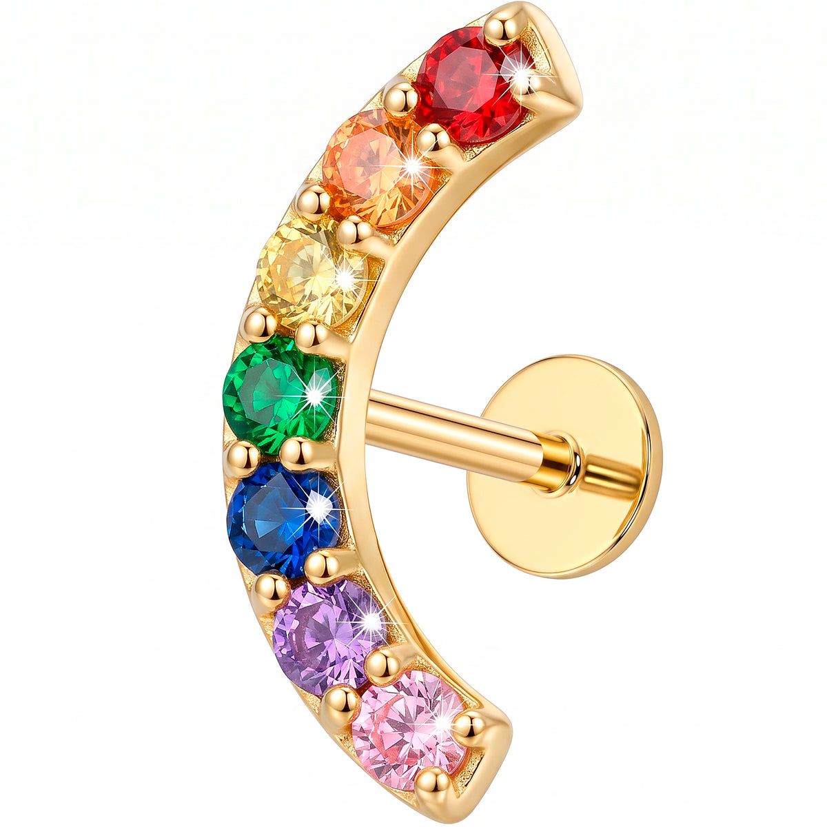 Solid 14k Yellow Gold Rainbow Crystal Curve CZ 18G Flat Back Earring