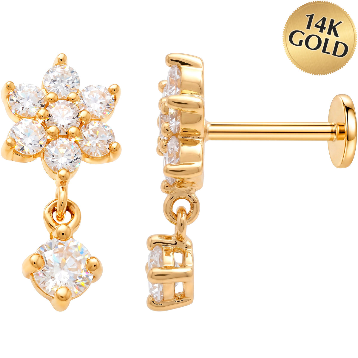 Solid 14k Yellow Gold Flower Charm Drop CZ 18G Flat Back Earring