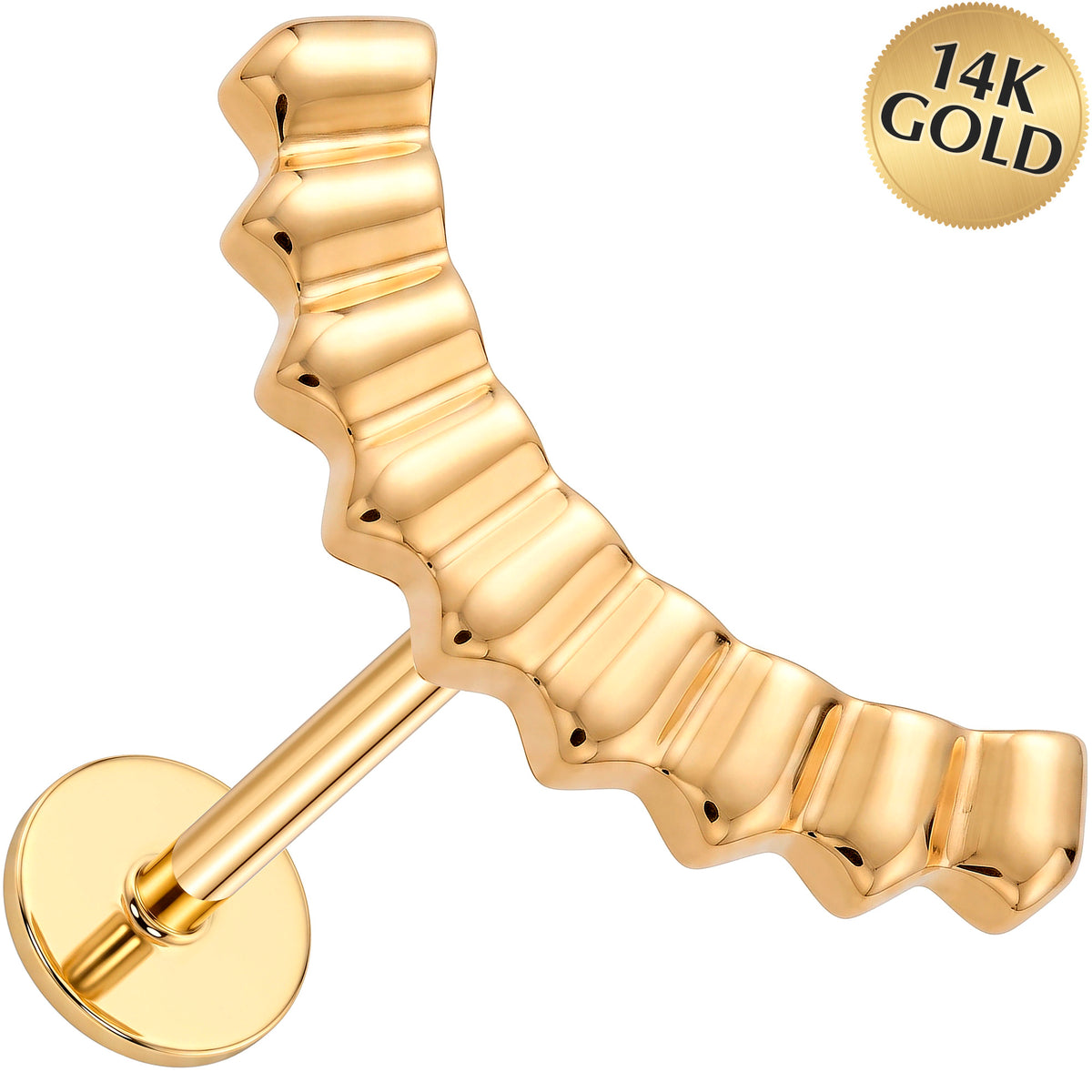 Solid 14k Yellow Gold Golden Ridged Arc CZ 18G Flat Back Earring