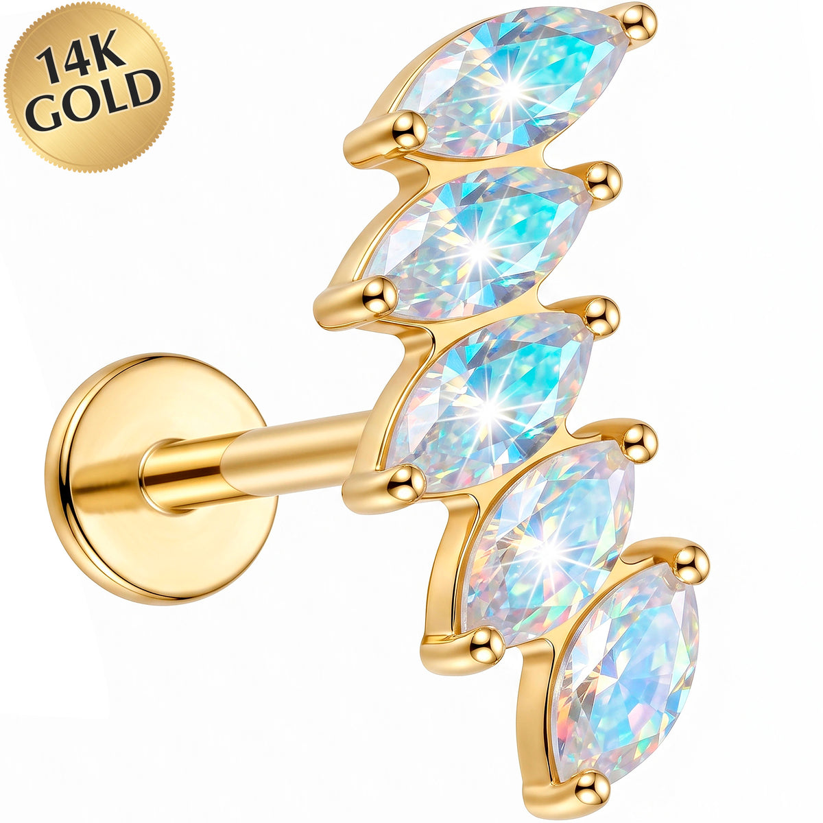 Solid 14k Yellow Gold Blue Opal Wave Synthetic Opal 18G Flat Back Earring
