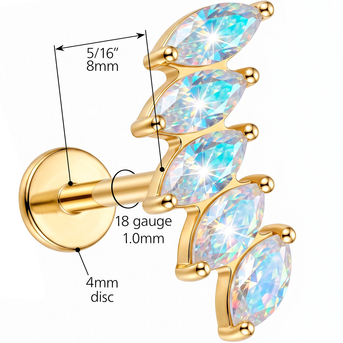 Solid 14k Yellow Gold Blue Opal Wave Synthetic Opal 18G Flat Back Earring