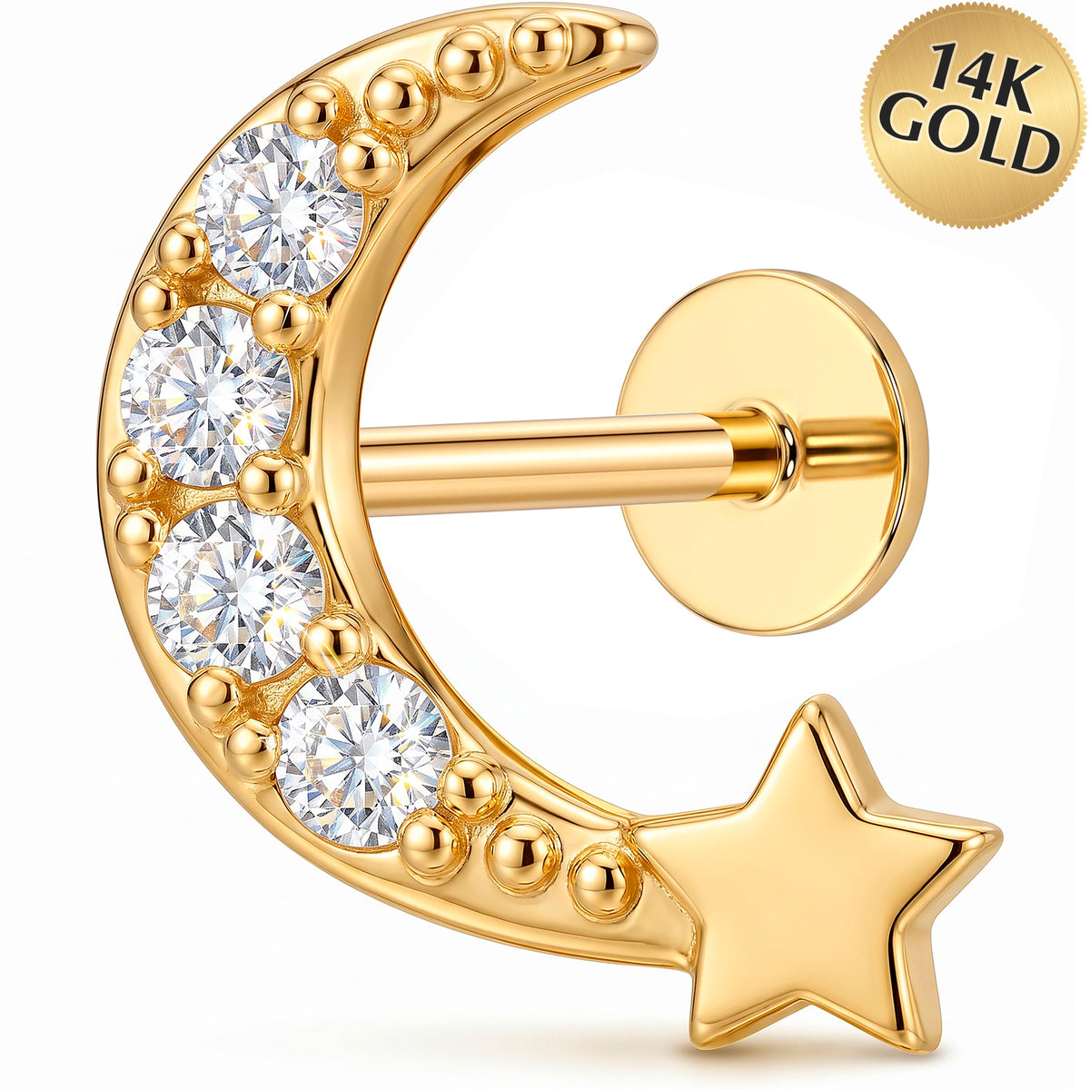 Solid 14k Yellow Gold Starry Crescent Moon CZ 18G Flat Back Earring