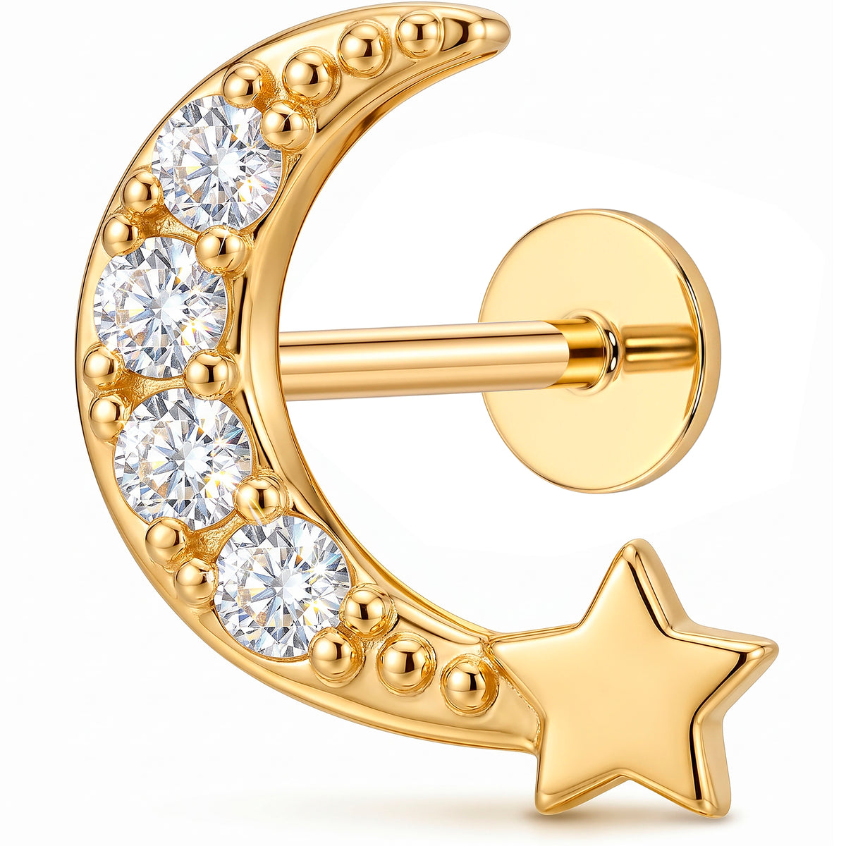 Solid 14k Yellow Gold Starry Crescent Moon CZ 18G Flat Back Earring