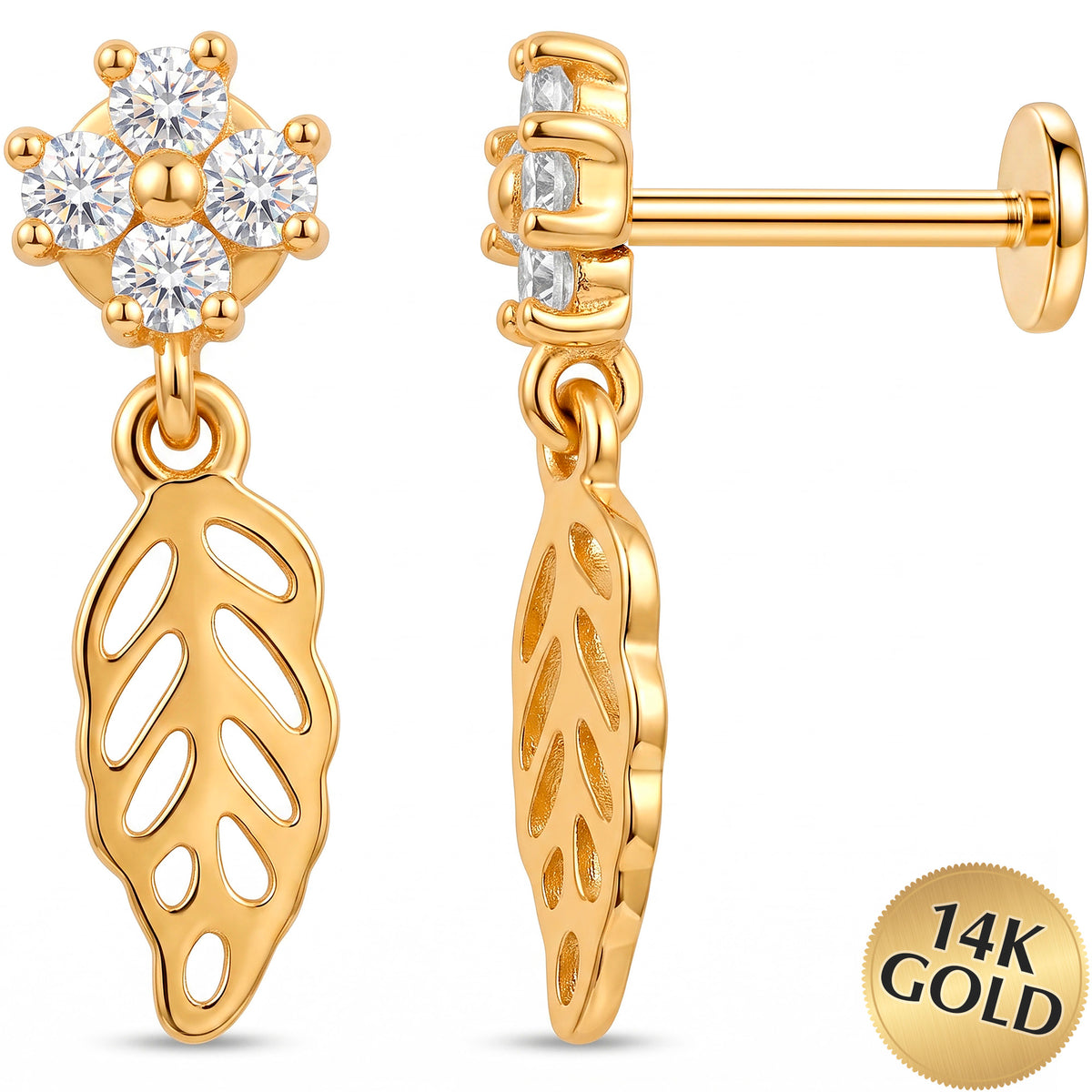 Solid 14k Yellow Gold Flower Leaf Dangle CZ 18G Flat Back Earring