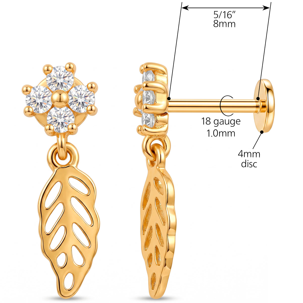 Solid 14k Yellow Gold Flower Leaf Dangle CZ 18G Flat Back Earring