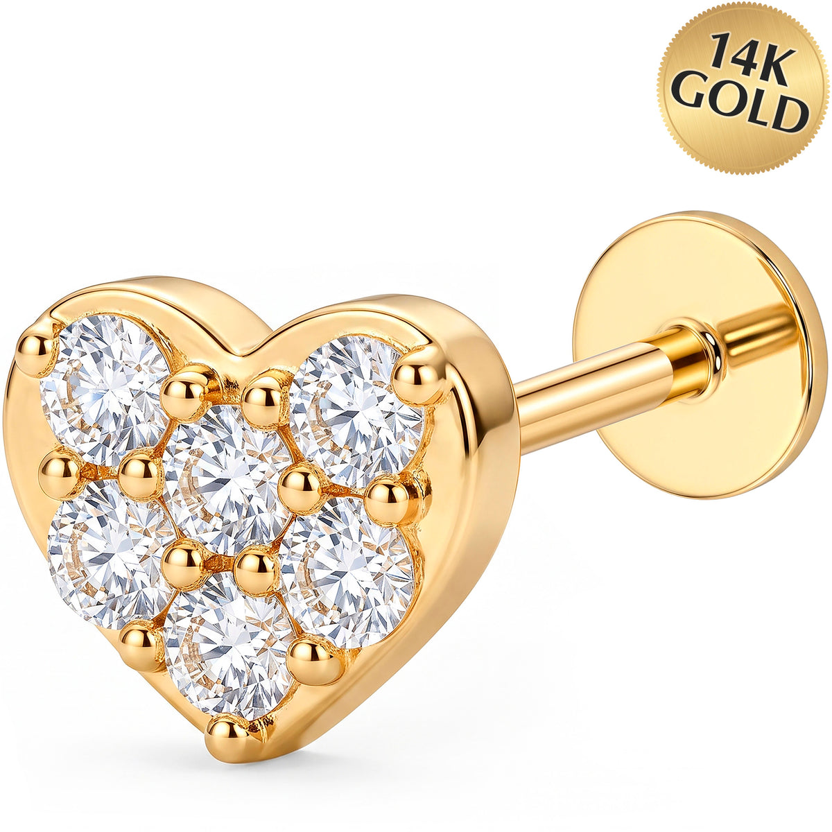 Solid 14k Yellow Gold Heart Halo CZ 18G Flat Back Earring