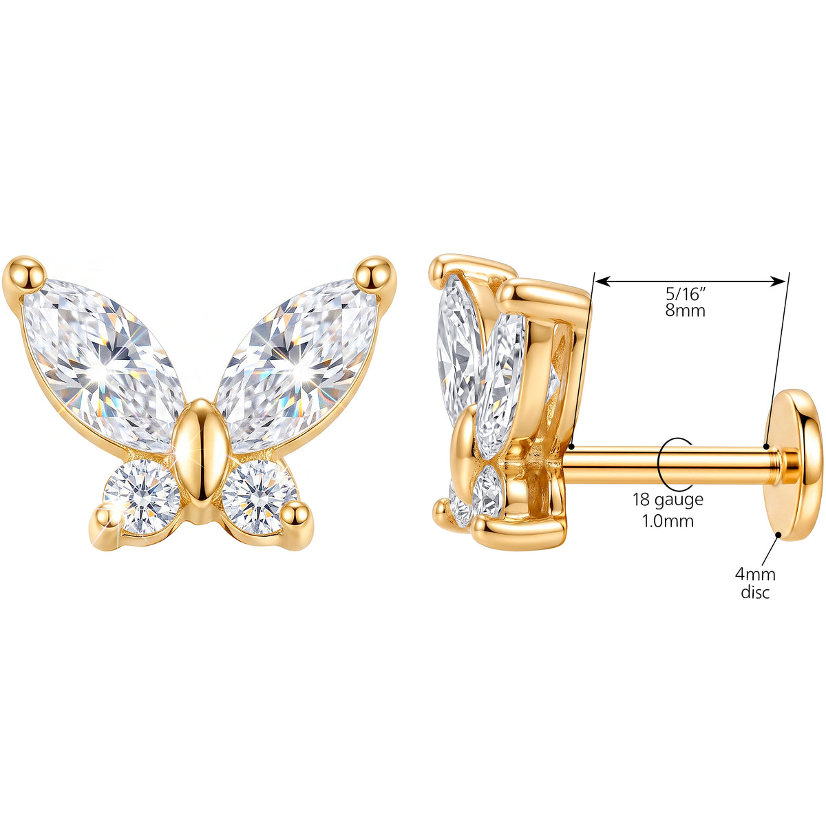 Solid 14k Yellow Gold Butterfly Flight CZ 18G Flat Back Earring