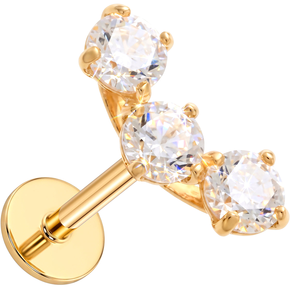 Solid 14k Yellow Gold Graduated Trio CZ 18G Flat Back Earring