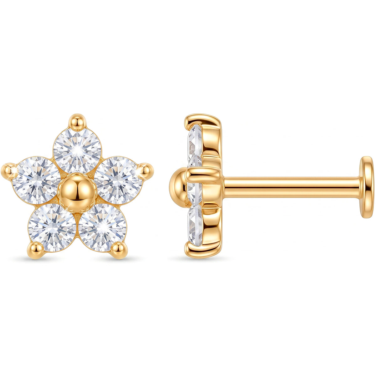 Solid 14k Yellow Gold Petite Flower CZ 18G Flat Back Earring