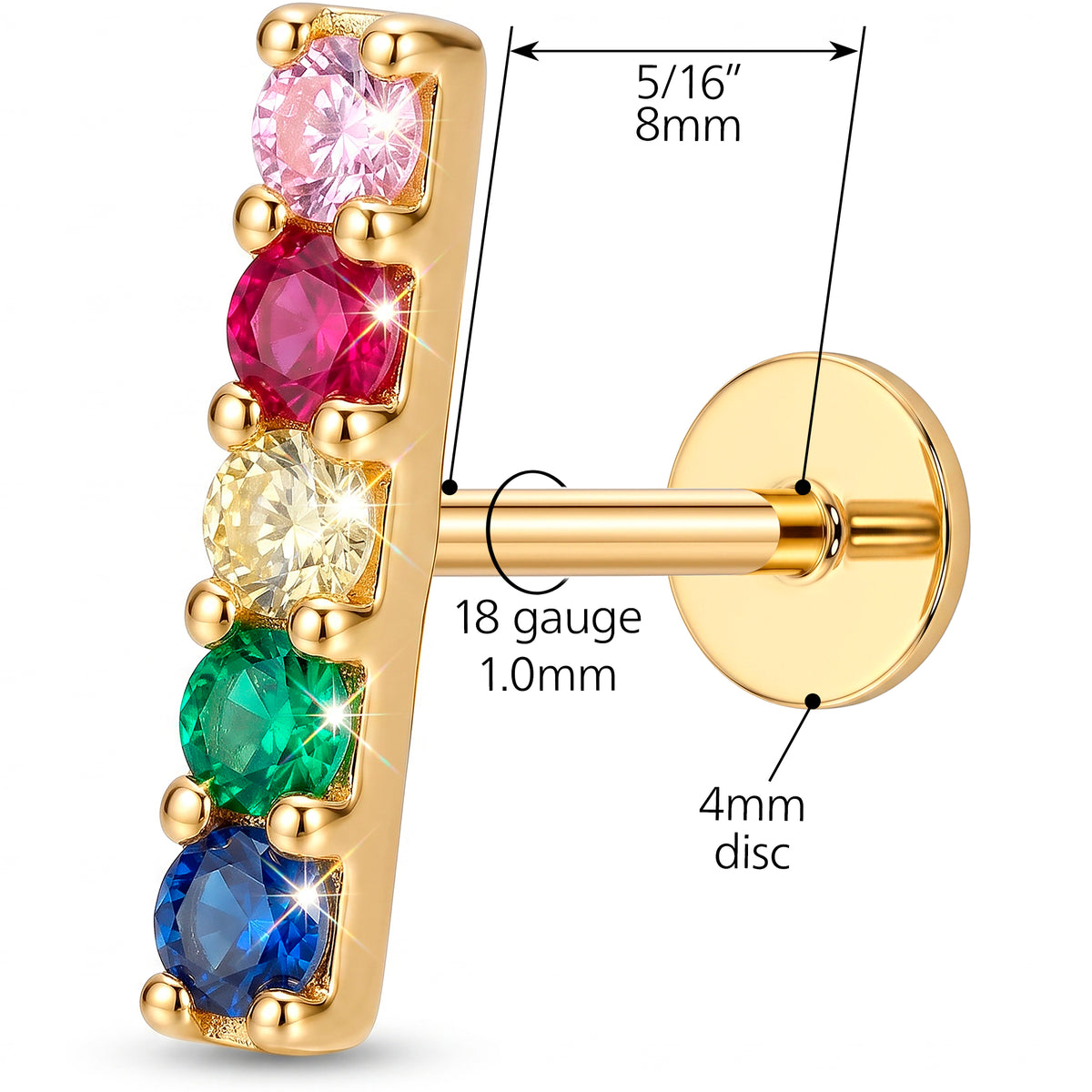 Solid 14k Yellow Gold Rainbow Bar CZ 18G Flat Back Earring