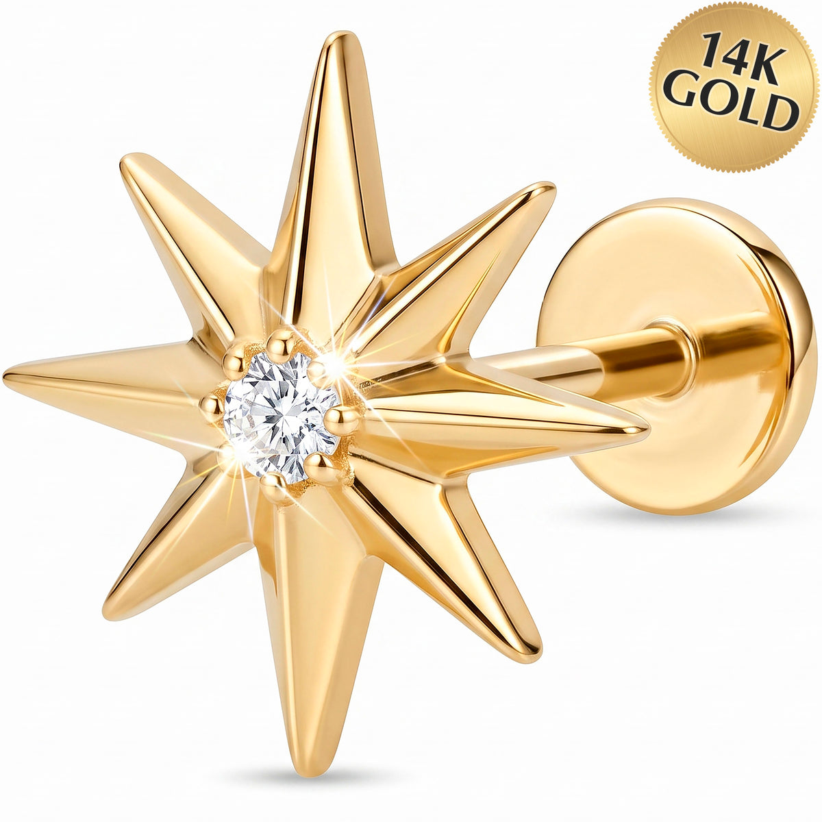 Solid 14k Yellow Gold North Star Compass CZ 18G Flat Back Earring