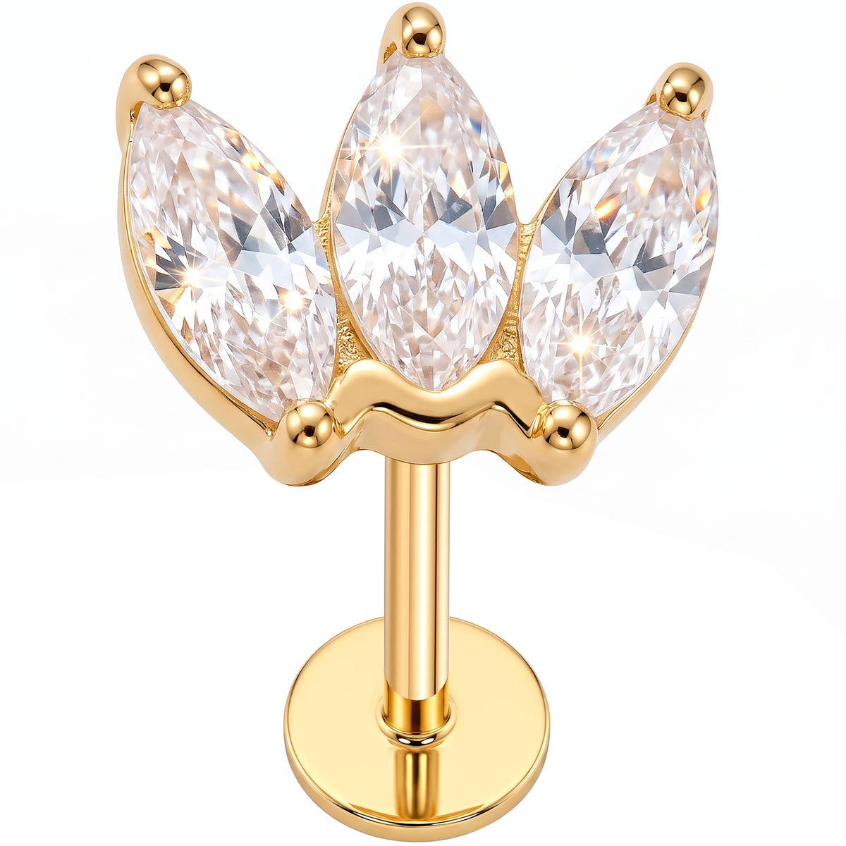 Solid 14k Yellow Gold Lotus Petal Crown CZ 18G Flat Back Earring