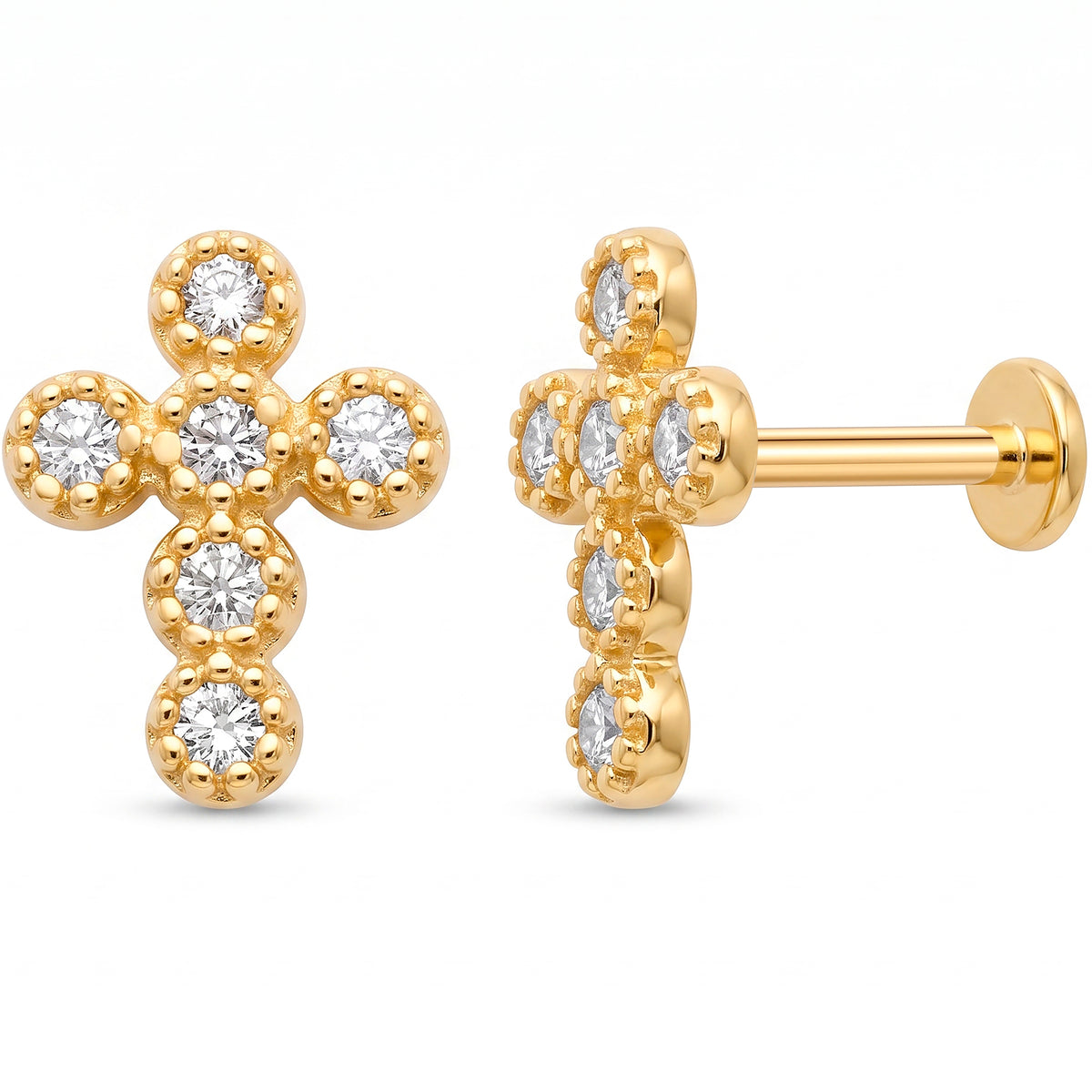 Solid 14k Yellow Gold Four Stone Clover CZ 18G Flat Back Earring