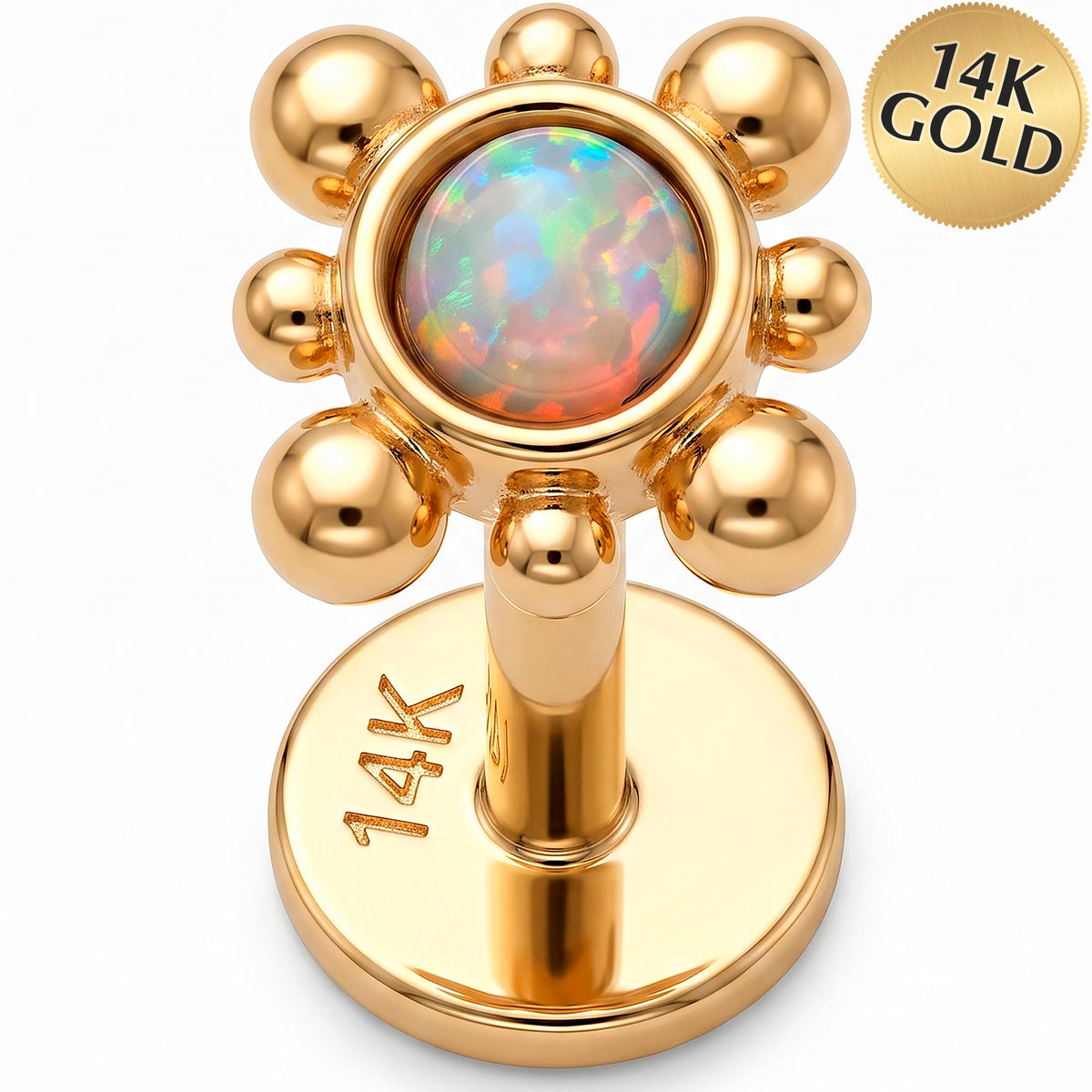 Solid 14k Yellow Gold Opal Beaded Sunflower Synthetic Opal 18G Flat Back Earring