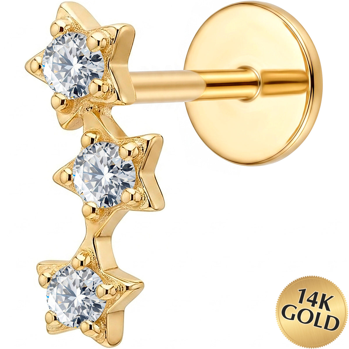 Solid 14k Yellow Gold Triple Star Trail CZ 18G Flat Back Earring