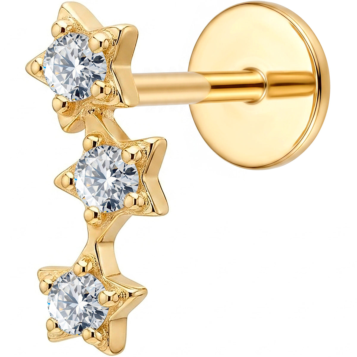 Solid 14k Yellow Gold Triple Star Trail CZ 18G Flat Back Earring