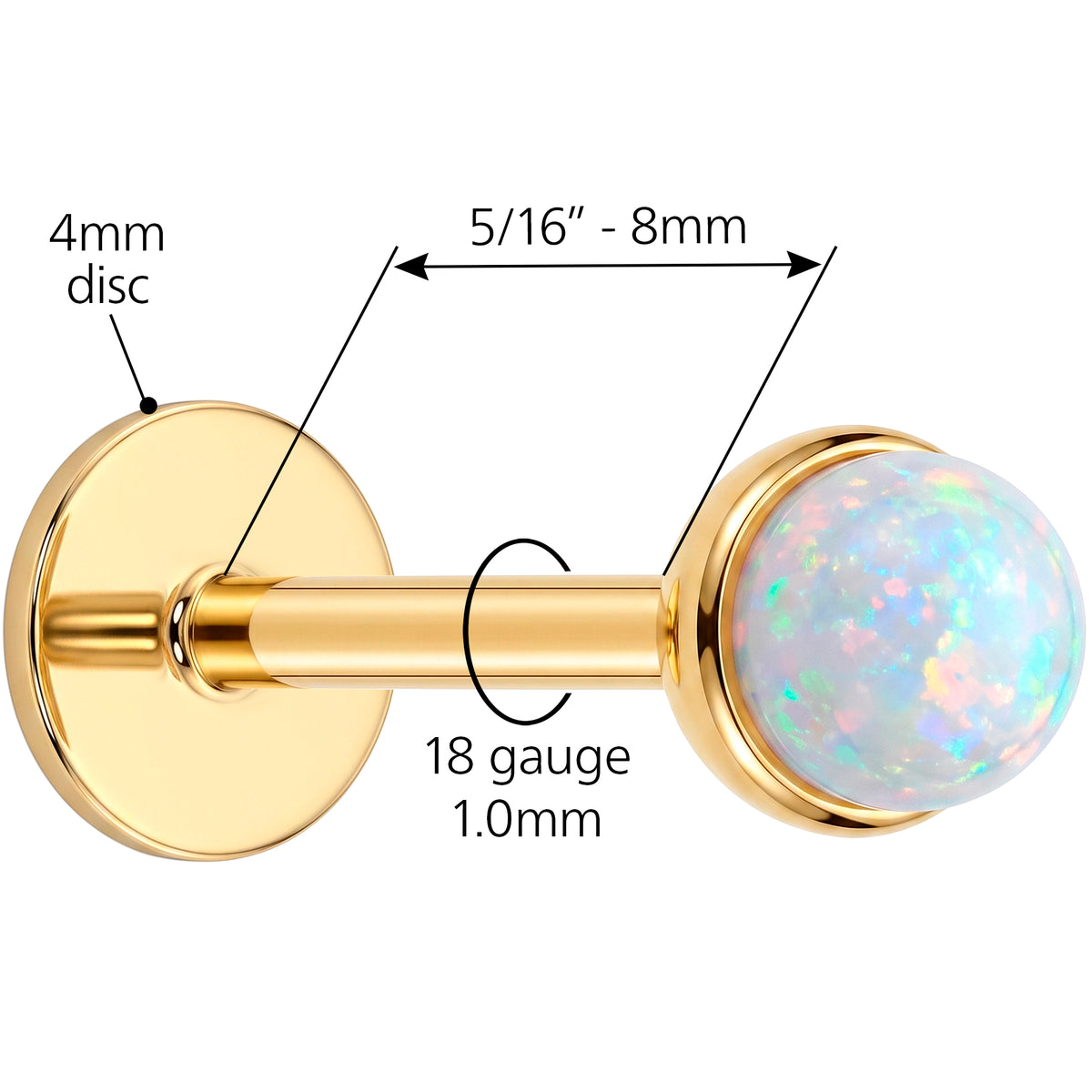 Solid 14k Yellow Gold Opal Round Bezel Synthetic Opal 18G Flat Back Earring