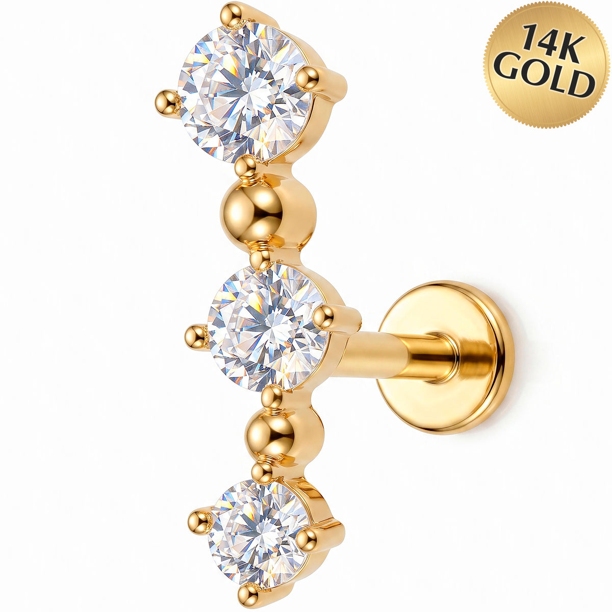 Solid 14k Yellow Gold Crystal Starburst CZ 18G Flat Back Earring