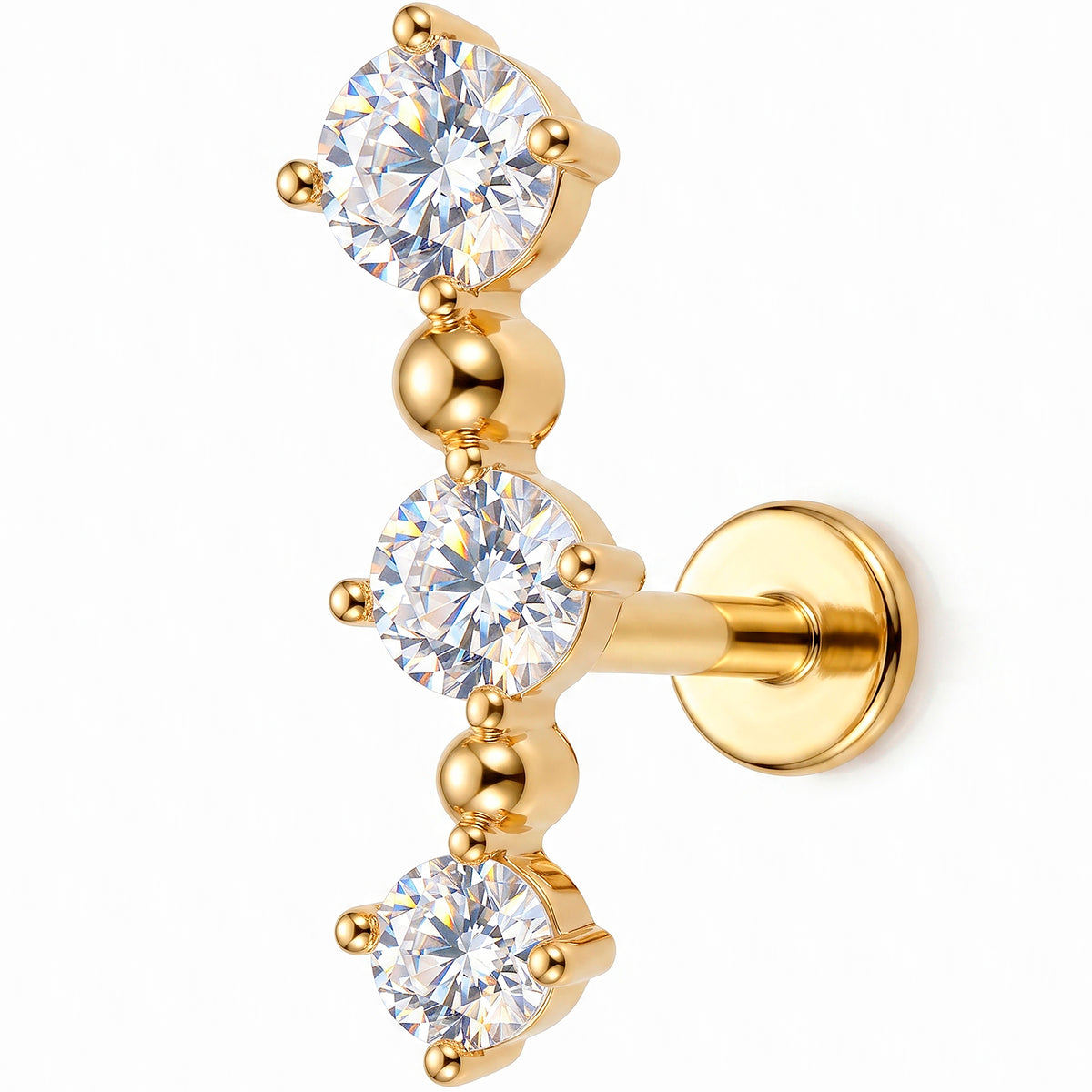 Solid 14k Yellow Gold Crystal Starburst CZ 18G Flat Back Earring