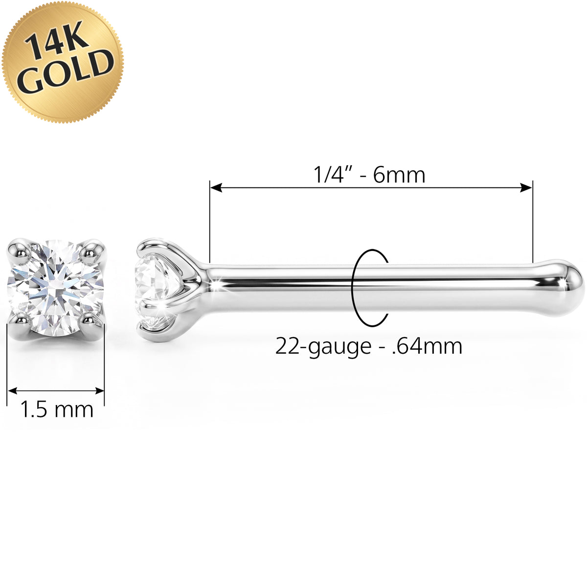 Solid 14k Gold Classic Solitaire CZ 22G Nose Bone Stud
