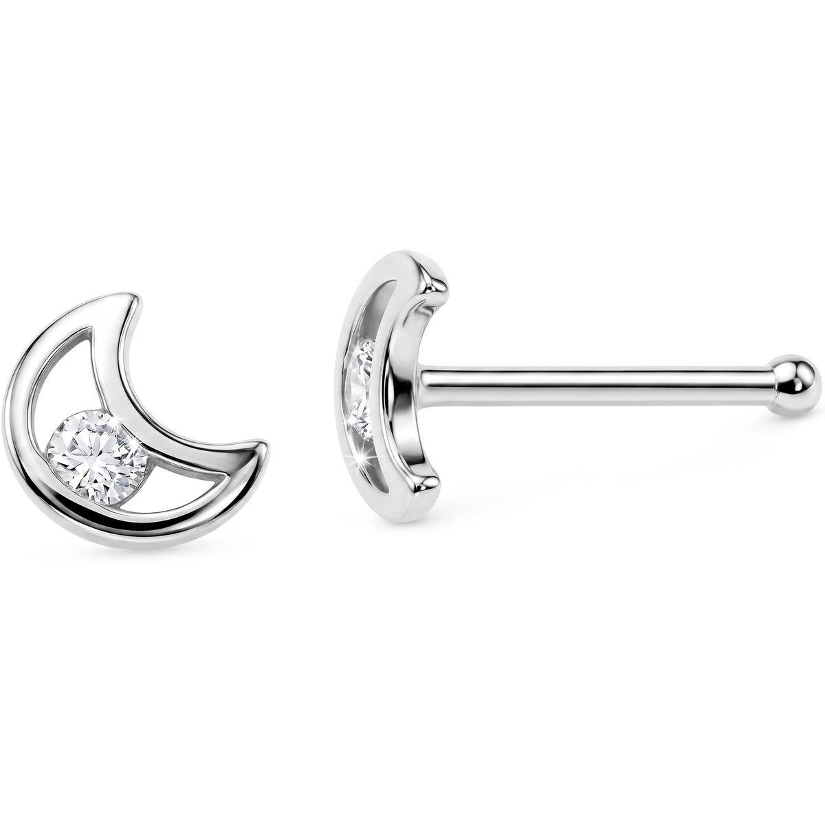 Solid 14k Gold Moonlit Crescent CZ 22G Nose Bone Stud