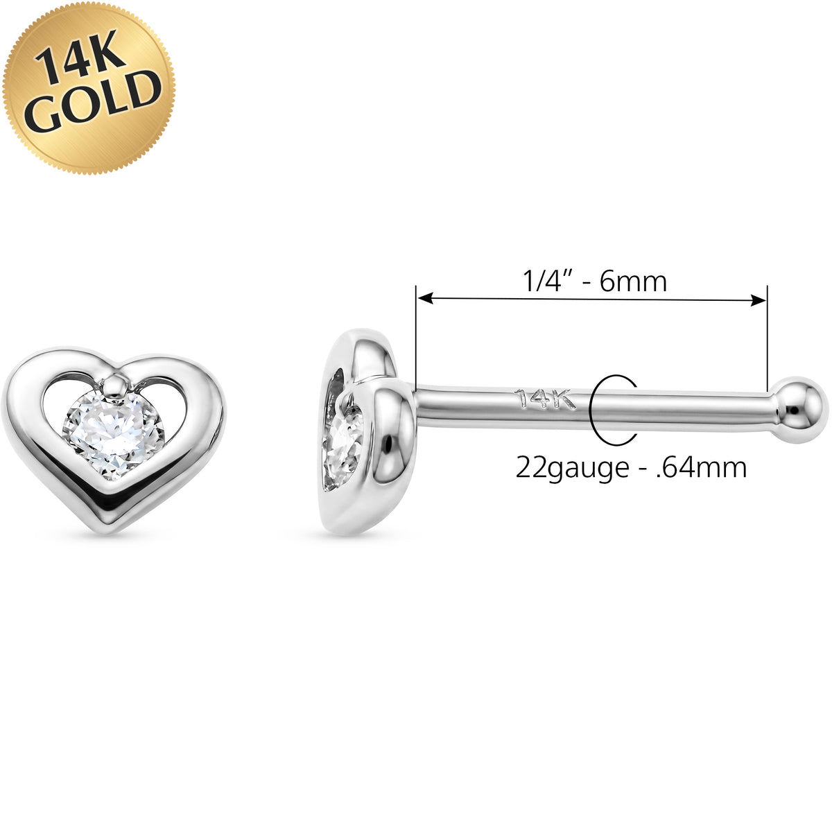 Solid 14k Gold Heart Love Outline CZ 22G Nose Bone Stud