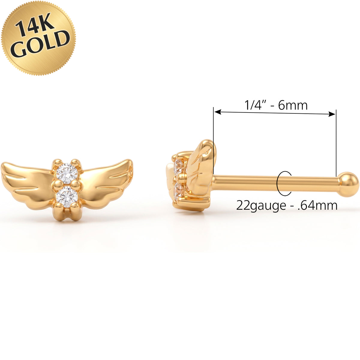 Solid 14k Yellow Gold Angel Wing 22G Nose Bone Stud