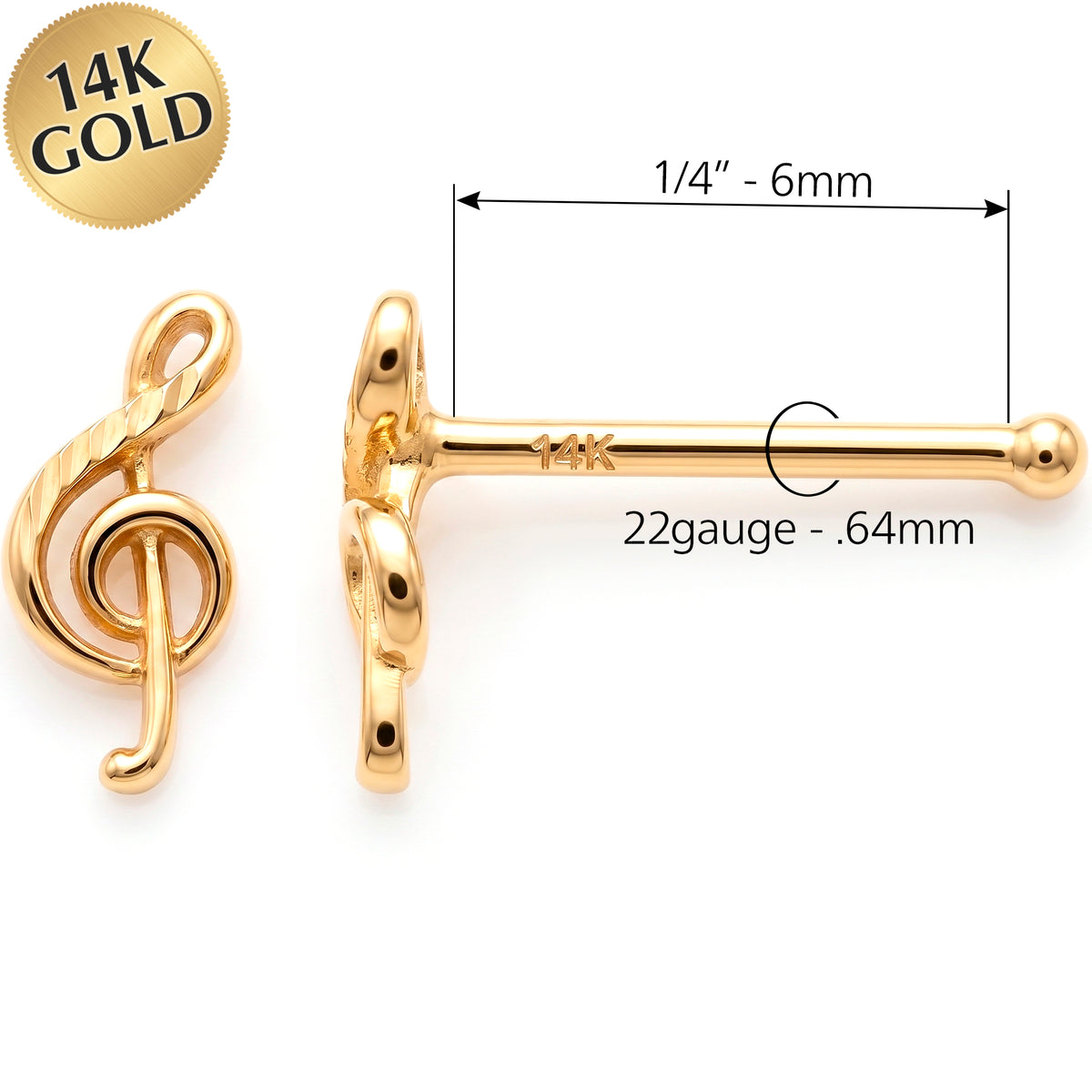 Solid 14k Yellow Gold Melody Treble Clef 22G Nose Bone Stud