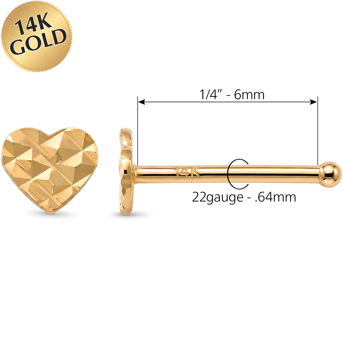 Solid 14k Yellow Gold Quilted Love Heart 22G Nose Bone Stud