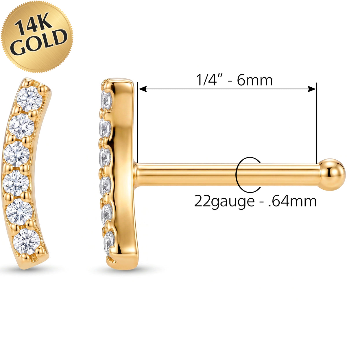 Solid 14k Yellow Gold Curved Pave Bar CZ 22G Nose Bone Stud