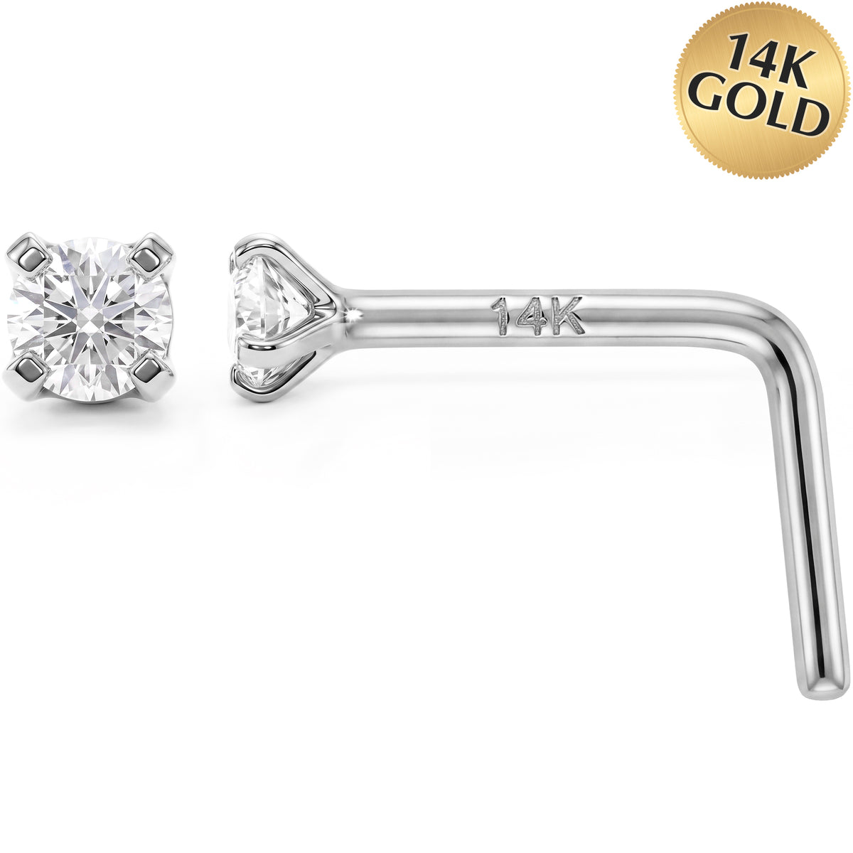 Solid 14k Gold Classic Solitaire CZ 22G L-Shape Nose Ring
