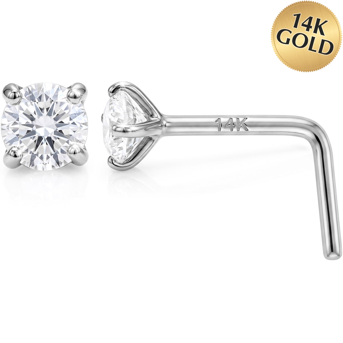 Solid 14k Gold Classic Solitaire CZ 22G L-Shape Nose Ring