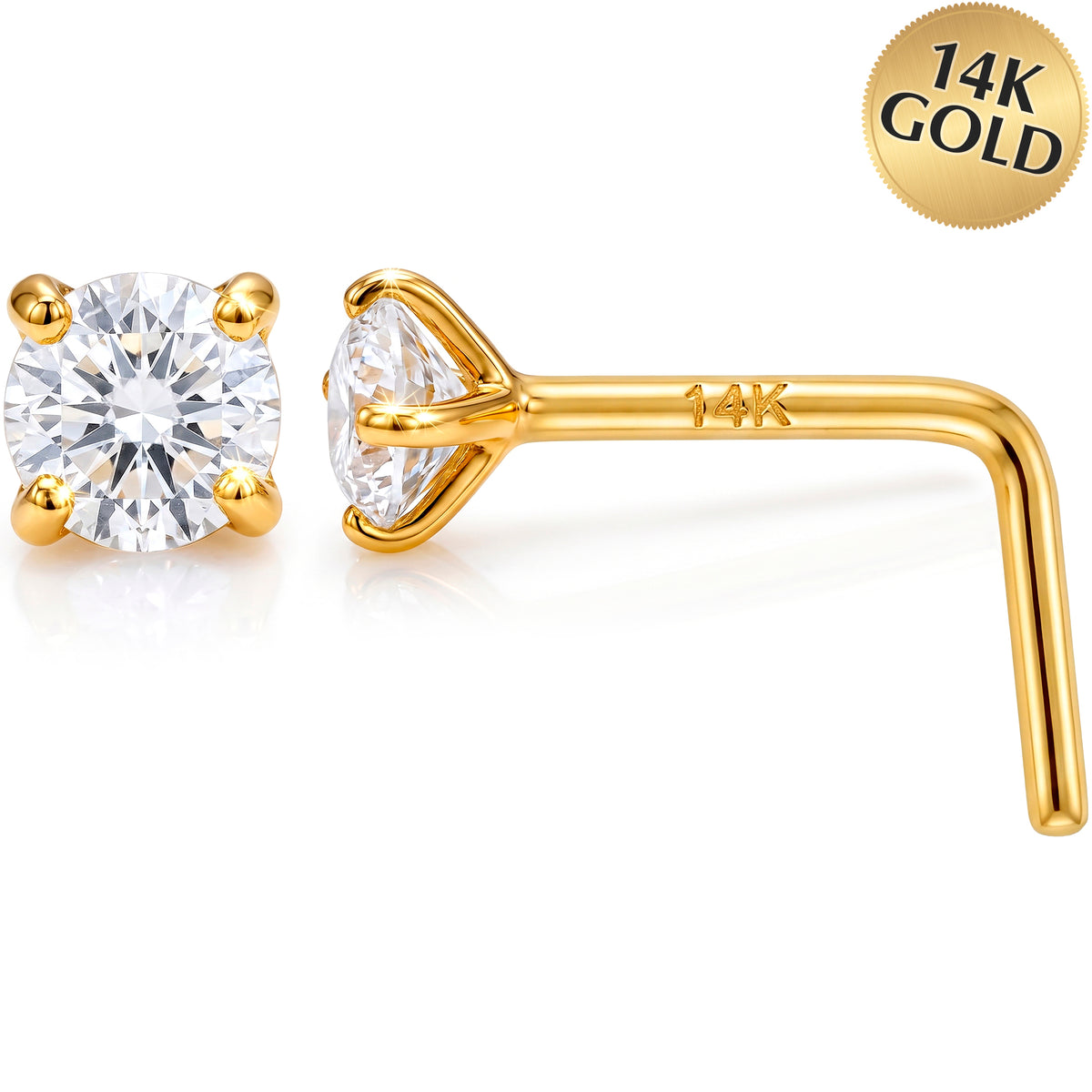 Solid 14k Gold Classic Solitaire CZ 22G L-Shape Nose Ring