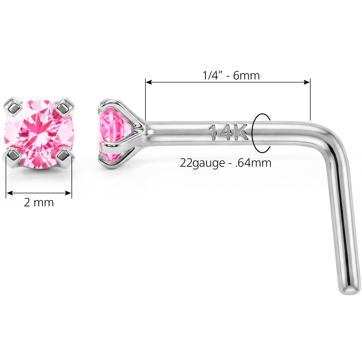 Yellow gold pink CZ nose ring L-shape design