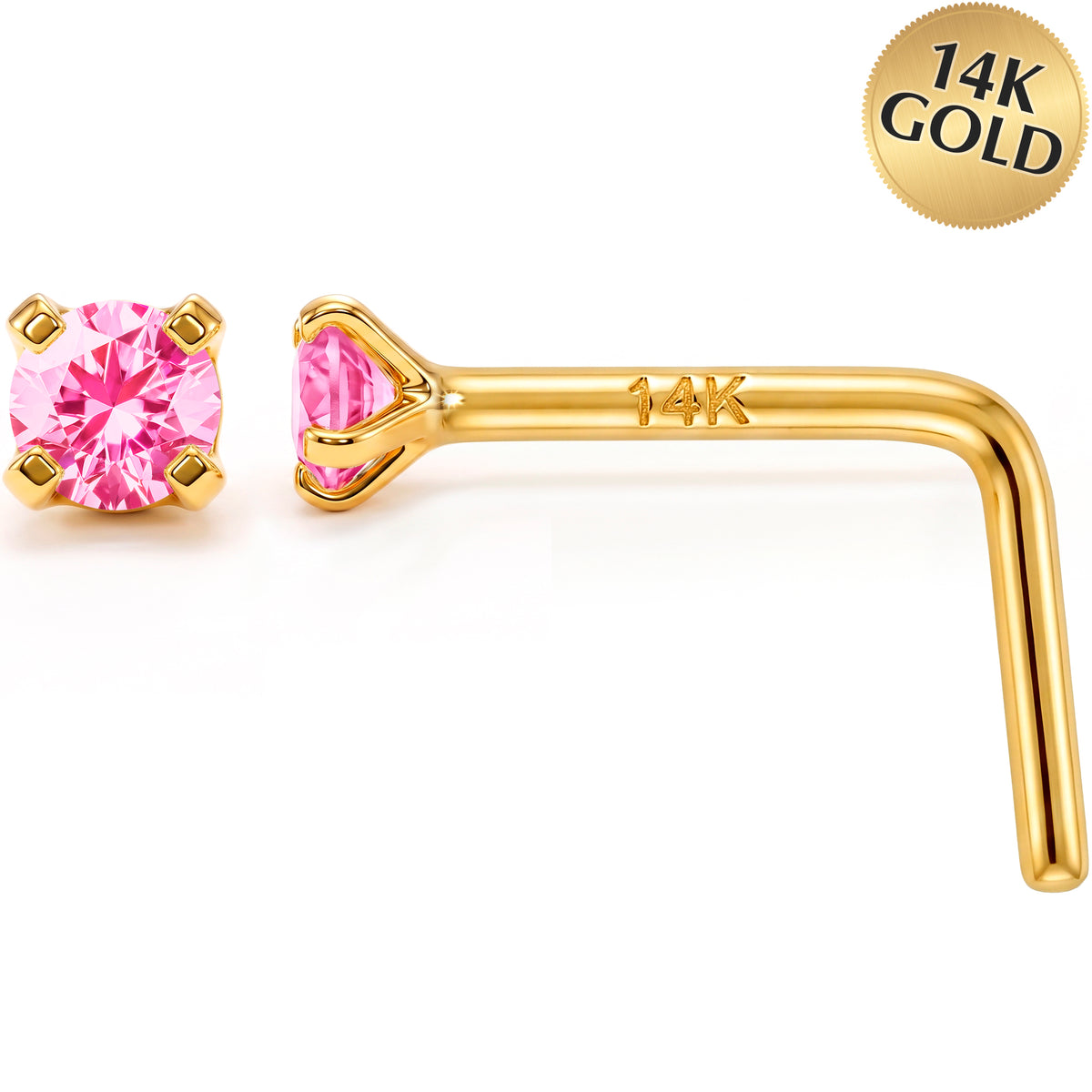 Solid 14k Gold Classic Solitaire Pink CZ 22G L-Shape Nose Ring