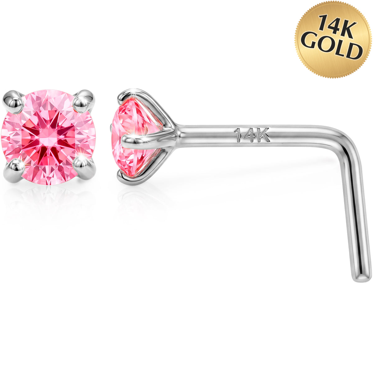 Solid 14k Gold Classic Solitaire Pink CZ 22G L-Shape Nose Ring