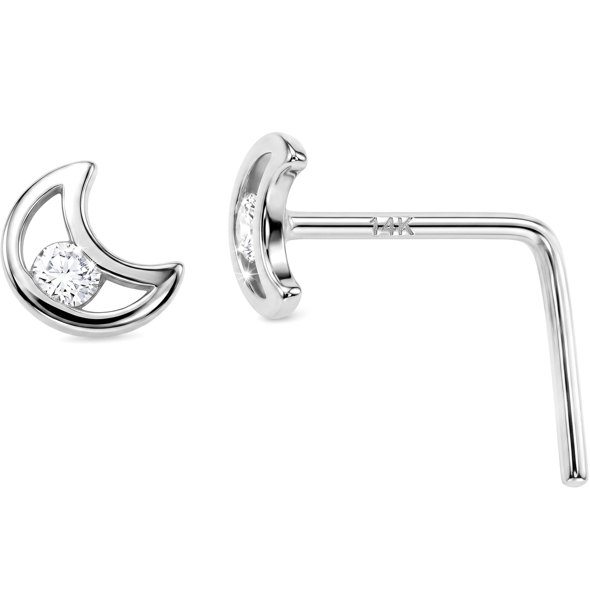Solid 14k Gold Moonlit Crescent CZ 22G L-Shape Nose Ring