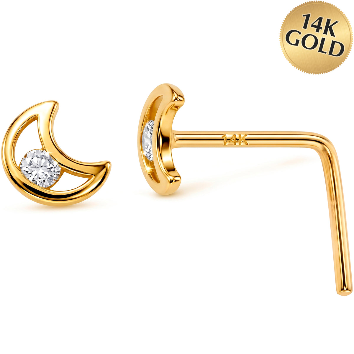 Solid 14k Gold Moonlit Crescent CZ 22G L-Shape Nose Ring