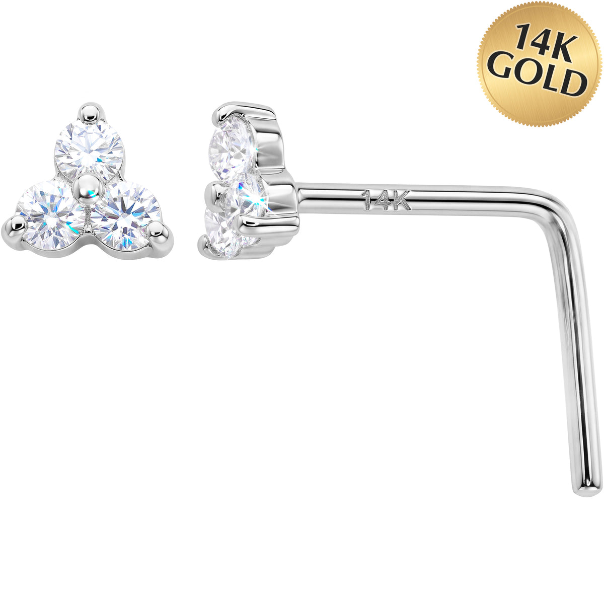 14k Gold CZ Trinity Nose Ring 22 Gauge