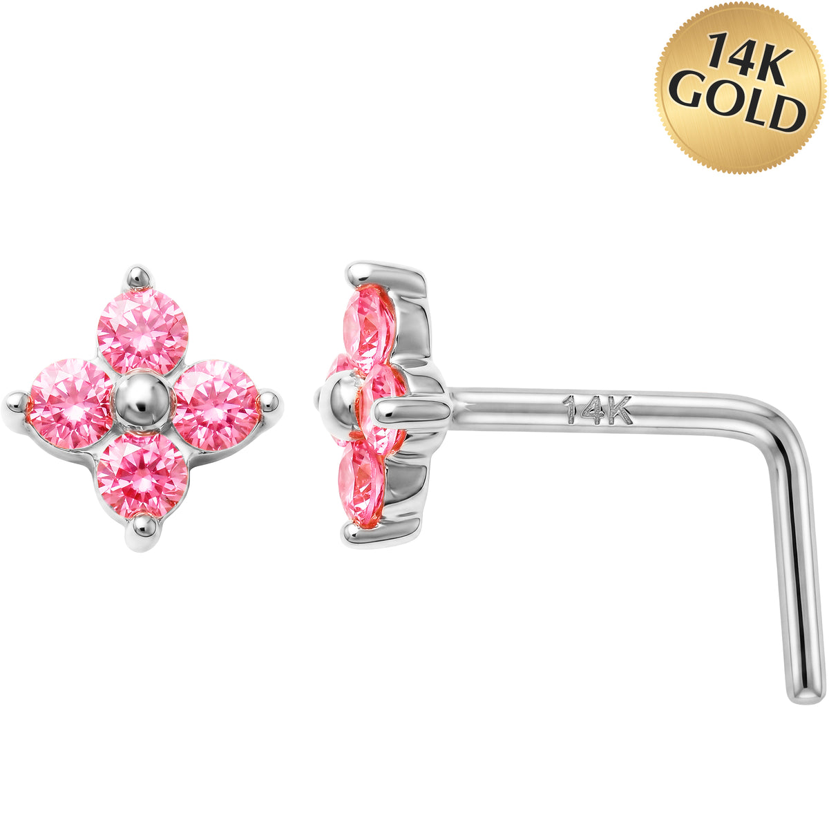 14k Gold Pink Flower Nose Ring 22 Gauge