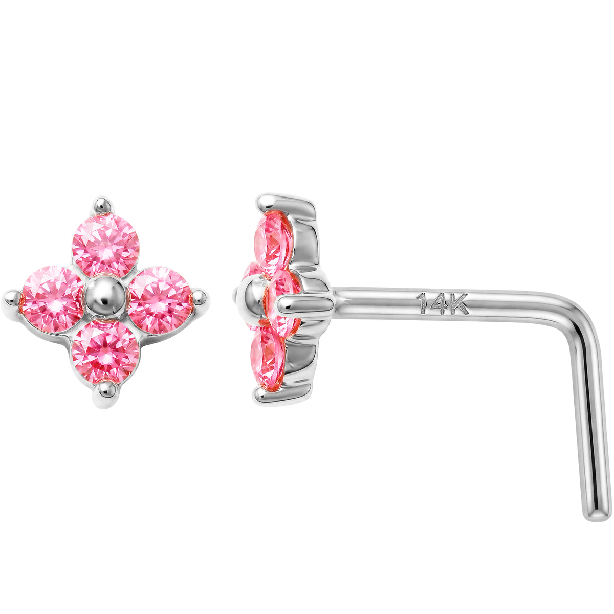 Solid 14k Gold 4-Petal Flower Pink CZ 22G L-Shape Nose Ring